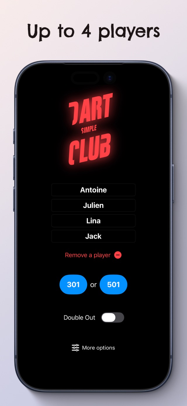 The home screen, with up to four players, 301 or 501, and Double Out