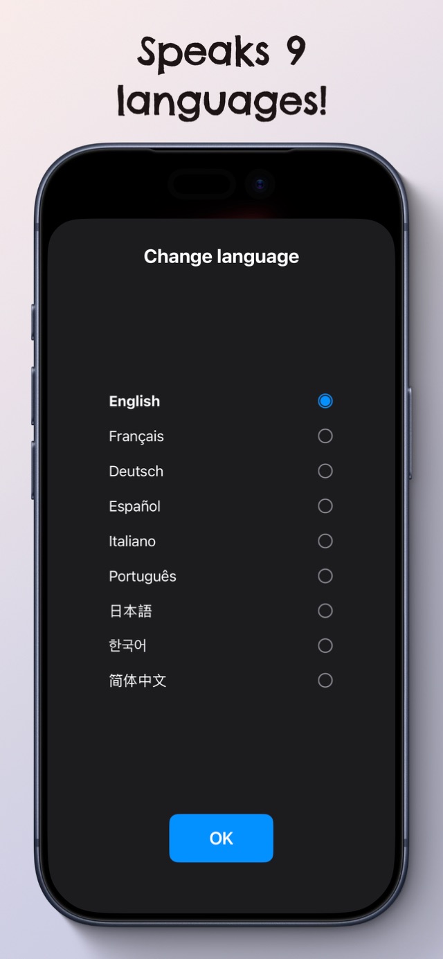 The language picker, with nine languages