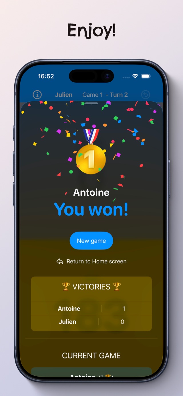 The winning screen, with the running tally of victories