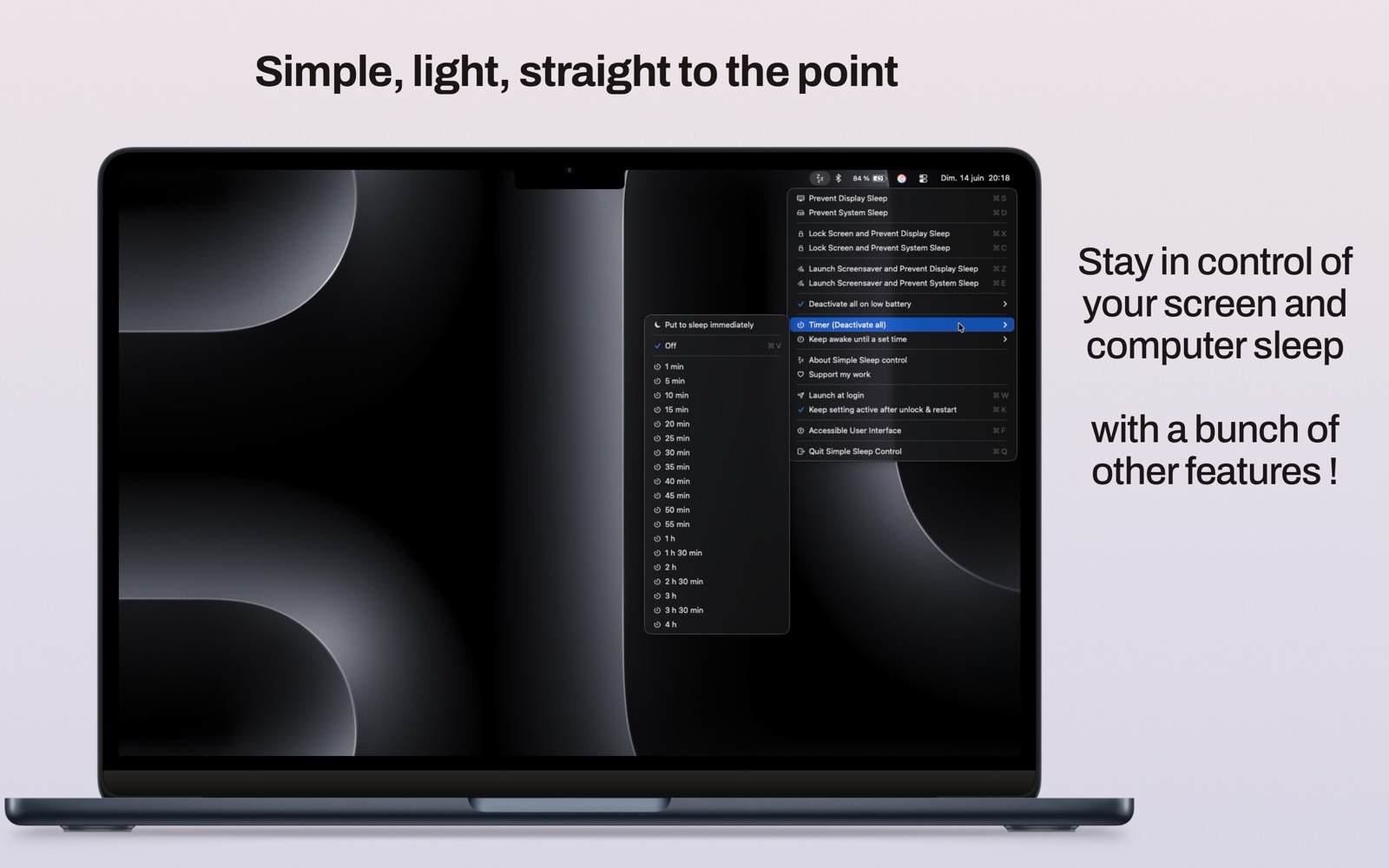 Simple Sleep Control menu-bar interface