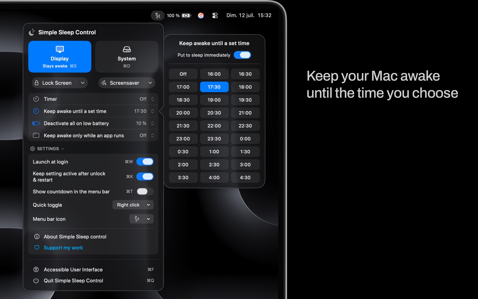 Keeping the Mac awake until a chosen time of day