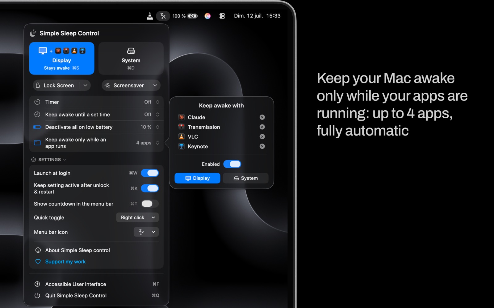 Keeping the Mac awake only while chosen apps are running — up to four