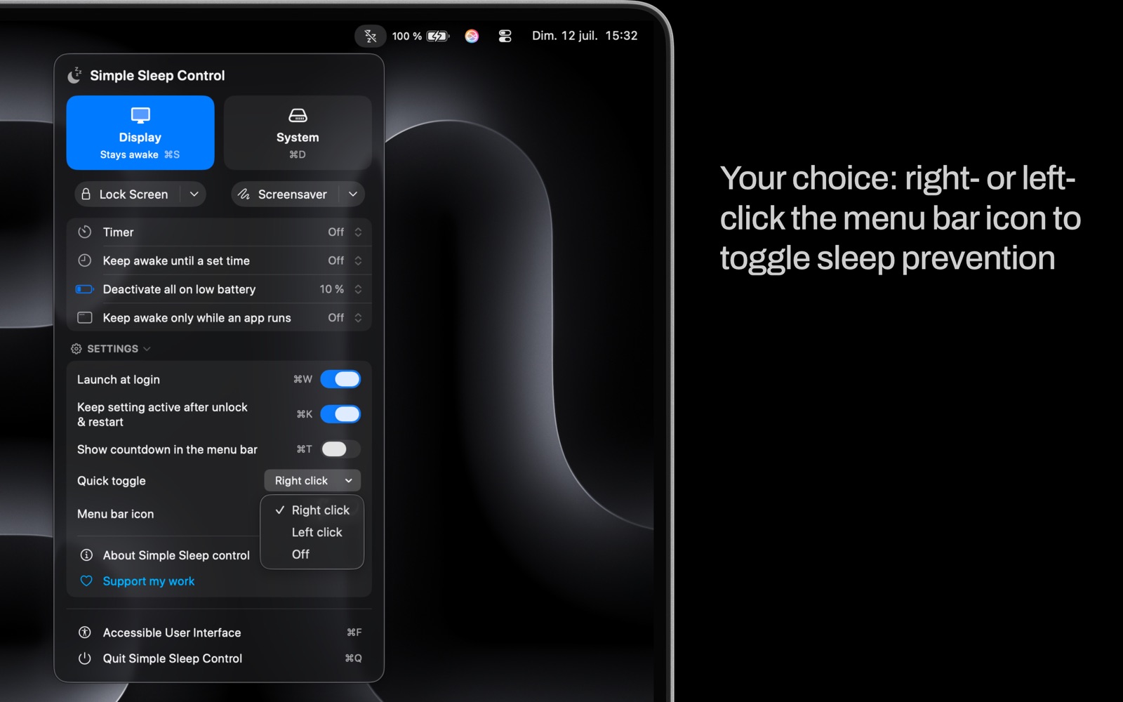 Choosing whether a right- or left-click on the menu-bar icon toggles sleep prevention