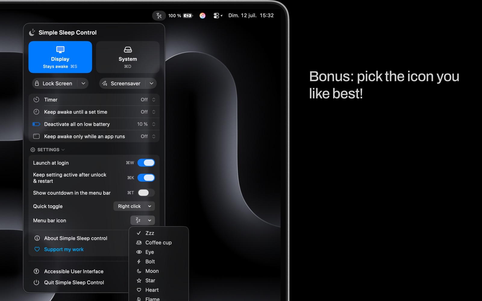 Picking the menu-bar icon, from Zzz to a coffee cup, moon or star